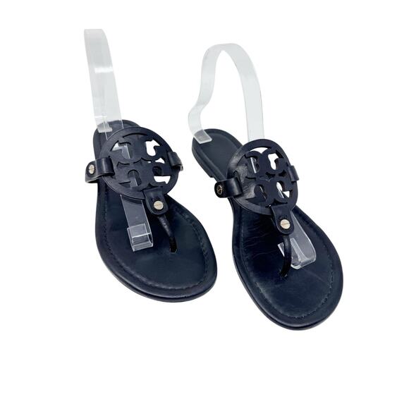 TORY Burch Perfect Black Matte Leather Miller Logo Sandals Size 9 - Picture 1 of 13